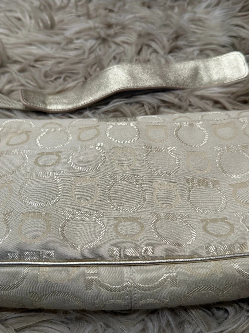 Salvatore Ferragamo Cream Gancini Jacquard Shoulder Bag with Gold Hardware